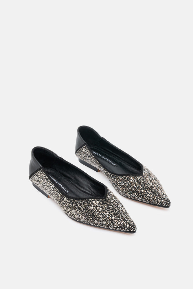 Celyne – black and silver ballet flats | TWENTYFOURHAITCH – three-quarter view