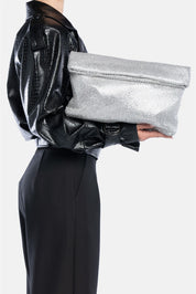 Dunham – silver metal maxi pouch | TWENTYFOURHAITCH – worn by model