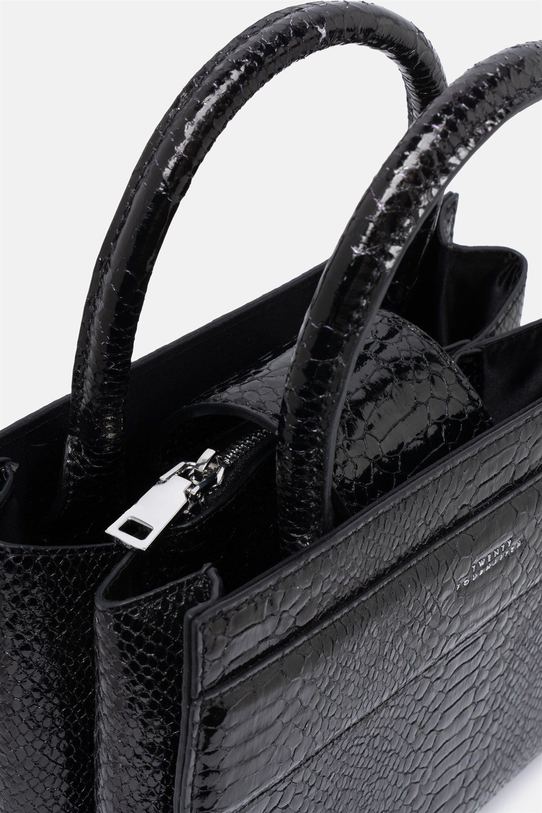 Serane – mini tote bag nera pitonata | TWENTYFOURHAITCH – dettaglio