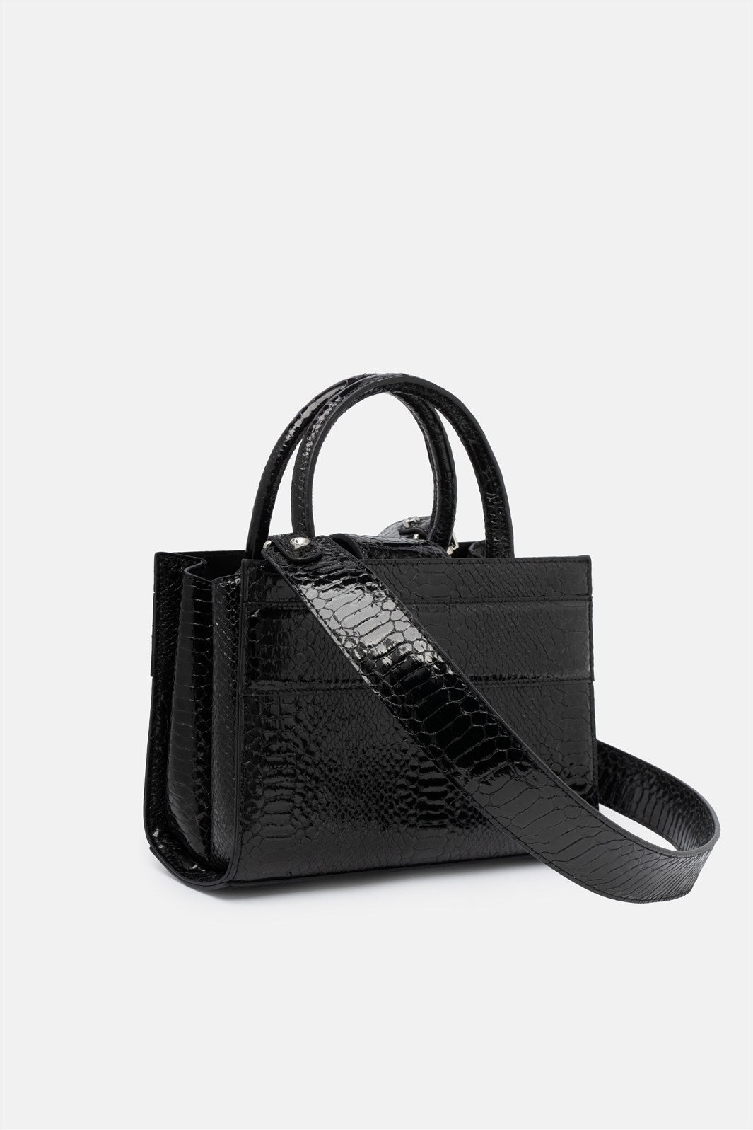Serane – mini tote bag nera pitonata | TWENTYFOURHAITCH – vista laterale